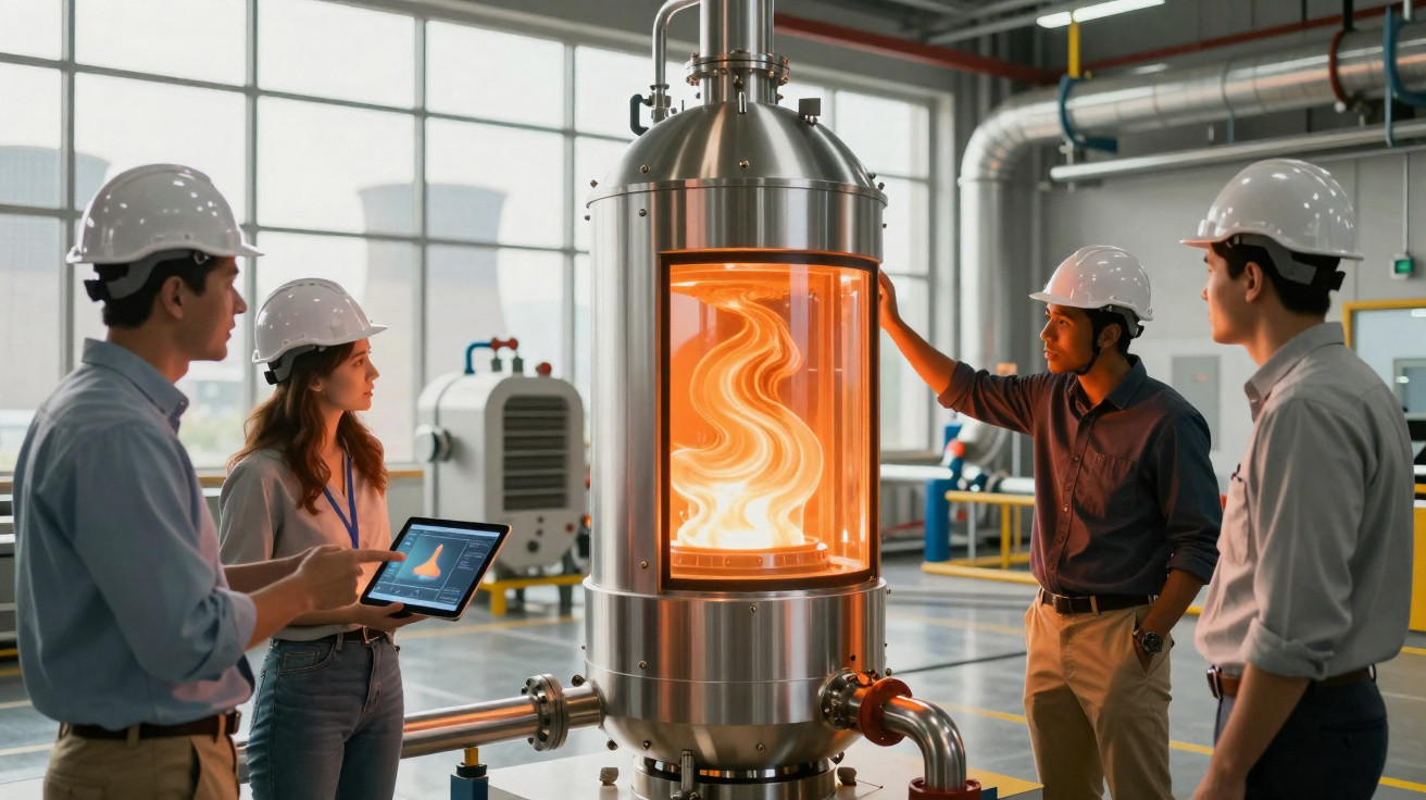 Vier Ingenieure mit Schutzhelmen untersuchen in einem Labor einen großen, leuchtenden Metallreaktor.