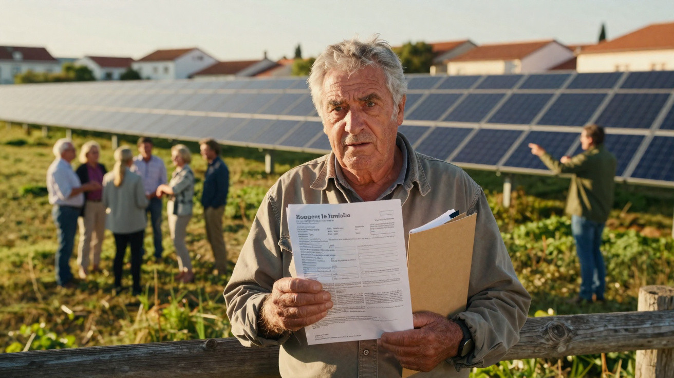 Älterer Mann hält Dokumente vor Solarpanelen, im Hintergrund diskutieren mehrere Personen auf einem Feld.