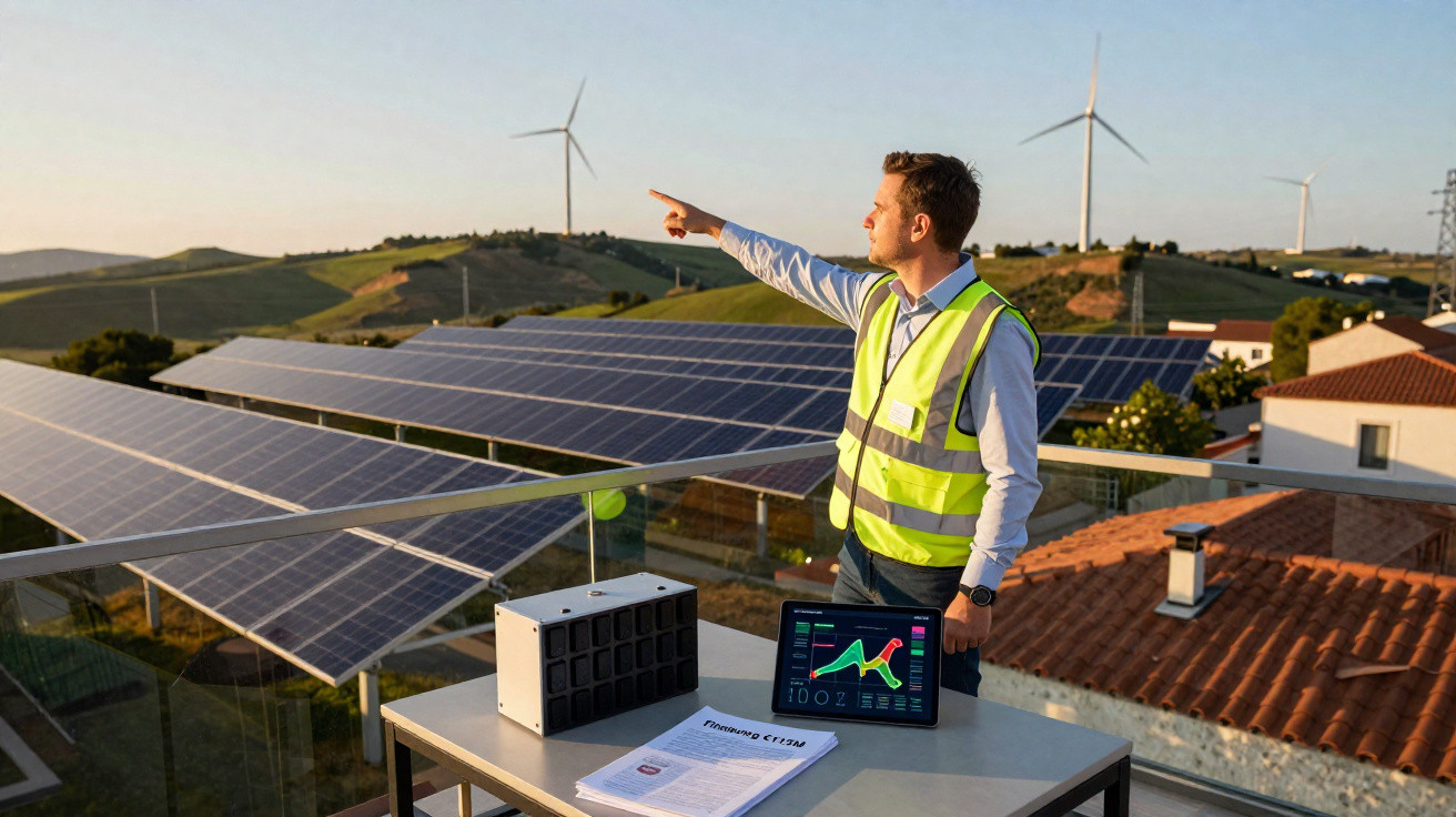 Mann mit Warnweste zeigt auf Windräder neben Solarpanels, Tablet und Dokumente auf Tisch im Freien.