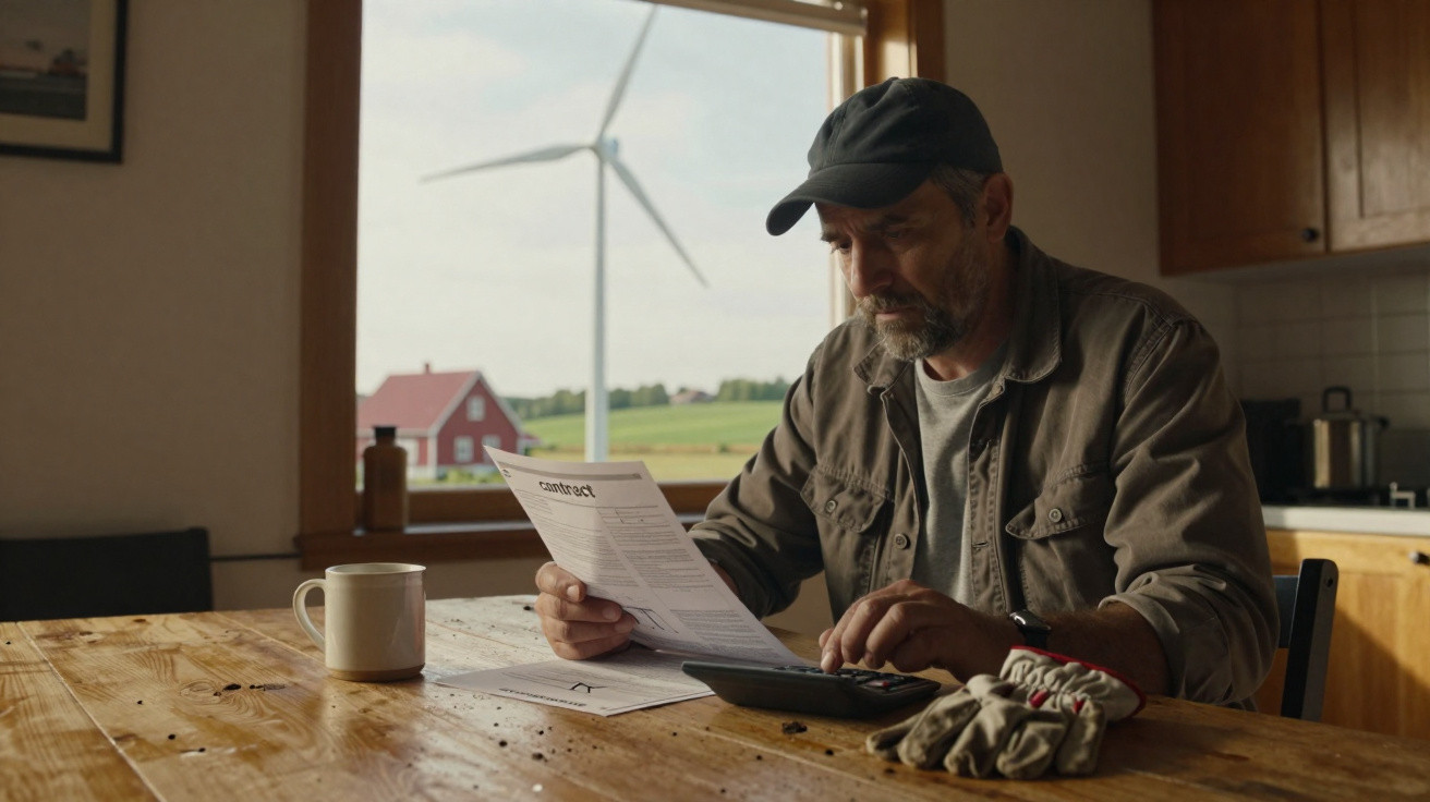 Mann sitzt am Holztisch, prüft Vertrag mit Taschenrechner, Windrad und Haus im Hintergrund sichtbar.