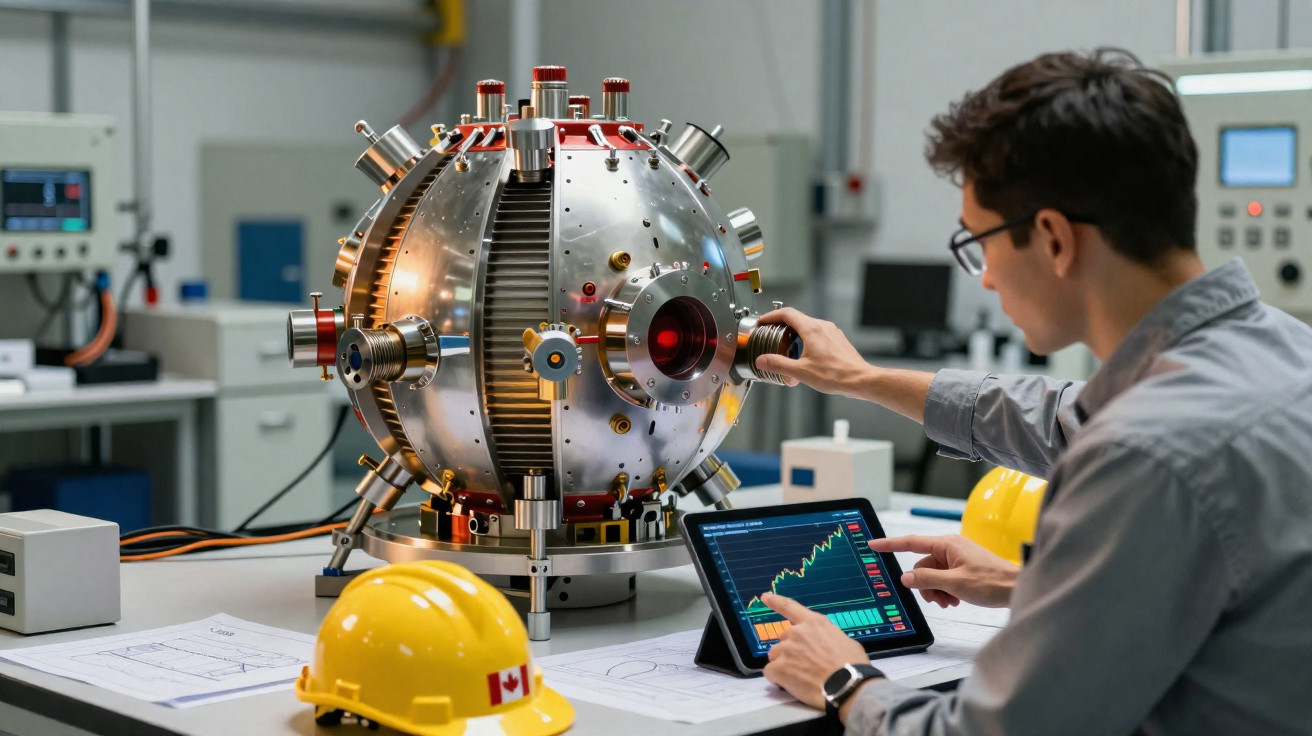 Ingenieur arbeitet an einem experimentellen kugelförmigen Metallgerät in einem Labor mit Tablet und Helm auf dem Tisch.