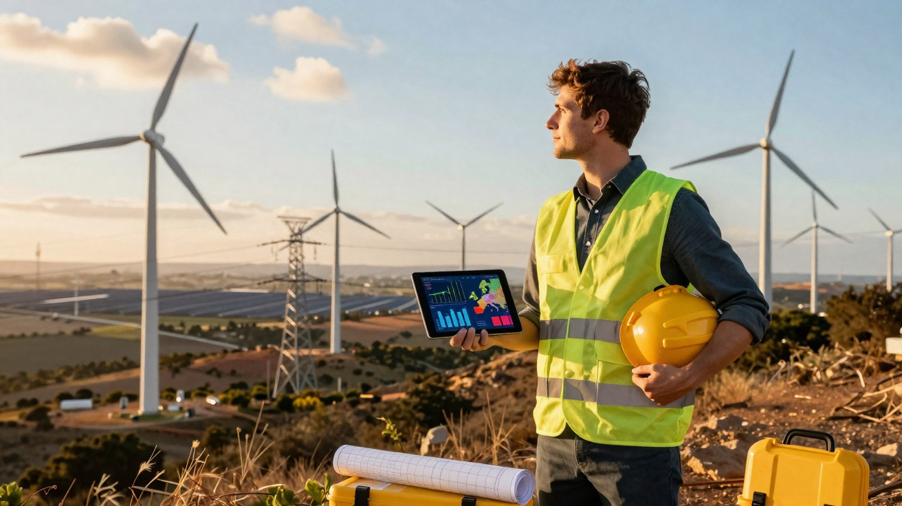 Ingenieur mit gelber Warnweste und Helm hält Tablet vor Windrädern und Solaranlagen auf sonnigem Feld.