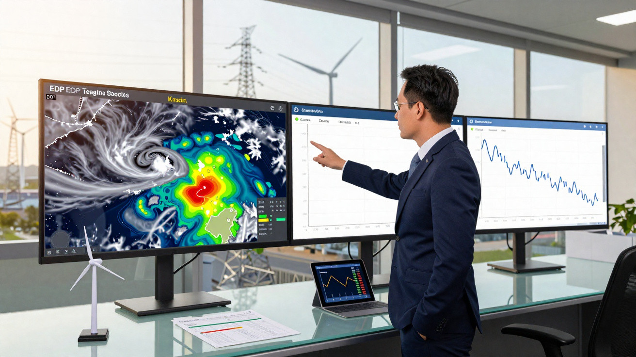 Mann im Anzug zeigt auf Bildschirme mit Wetterdaten, Graphen und Energieanalysen in modernem Büro mit Windrädern.