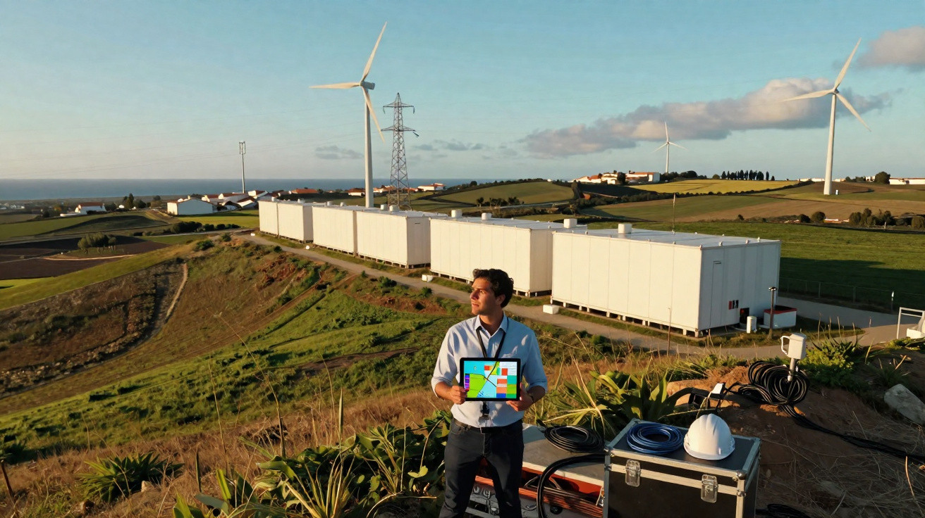 Mann mit Tablet vor großen Batteriespeichern und Windrädern in einer grünen hügeligen Landschaft.