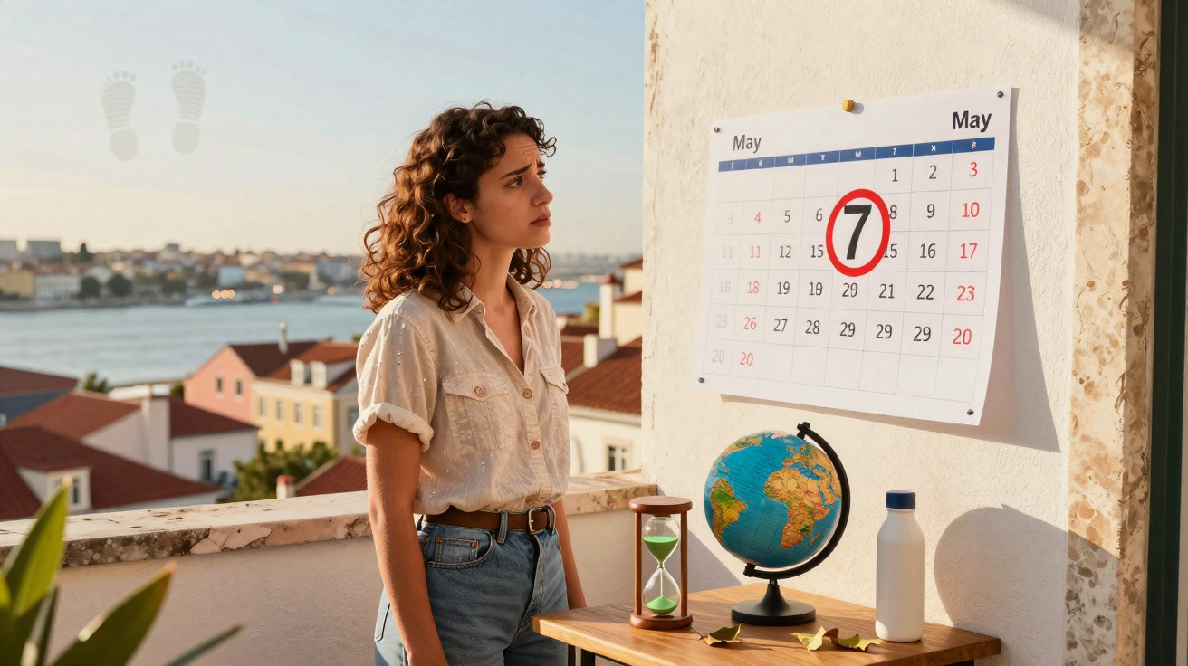 Frau blickt auf Kalender mit umkreistem Datum 7. Mai, Stehtisch mit Globus, Sanduhr und Flasche auf Balkon.