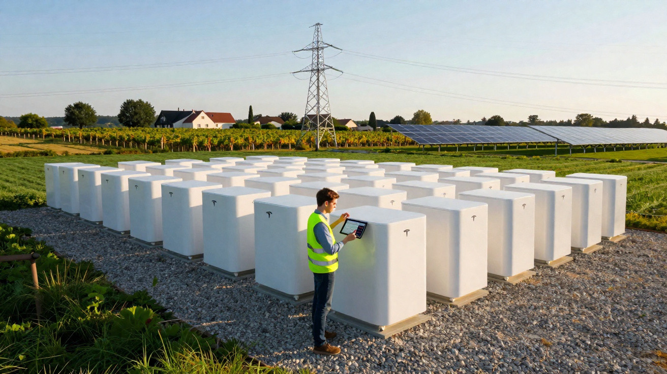 Techniker mit Tablet vor großen weißen Energiespeichern auf Freifläche mit Solarpanels und Strommast im Hintergrund.