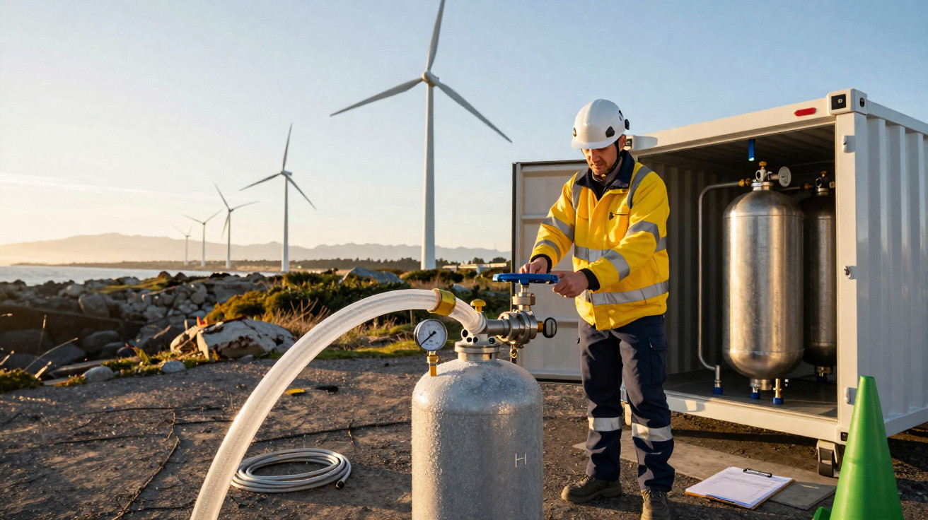 Techniker in Schutzkleidung bedient Anlage zur Wasserstoffproduktion vor Windkraftanlagen am Meer bei Sonnenuntergang.