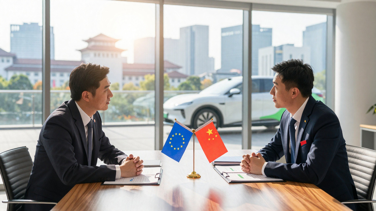 Zwei Geschäftsmänner in Anzügen führen ein Gespräch am Tisch mit Europa- und China-Flagge dazwischen.