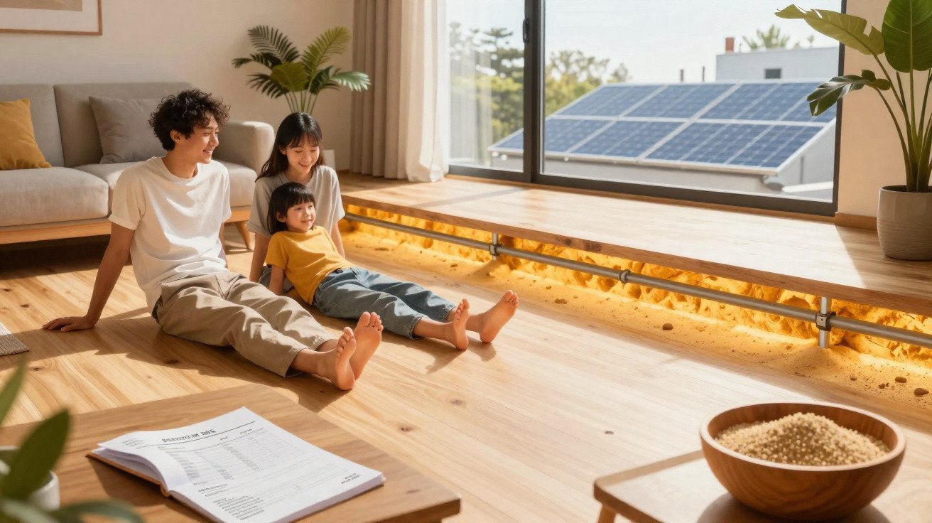 Familie mit zwei Eltern und Kind sitzt entspannt auf Holzboden im hellen Wohnzimmer mit Solarpanel draußen.