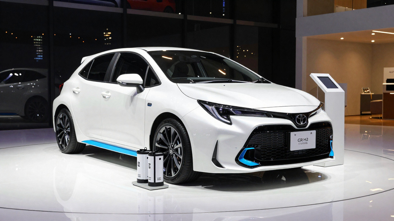 Weißer Toyota GR Yaris mit blauen Akzenten auf einer Messe, umgeben von Ladegeräten und moderner Beleuchtung.