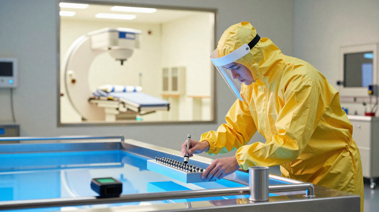 Forscher in gelbem Schutzanzug arbeitet in einem sterilen Labor mit Probenbehälter neben medizinischem Gerät.