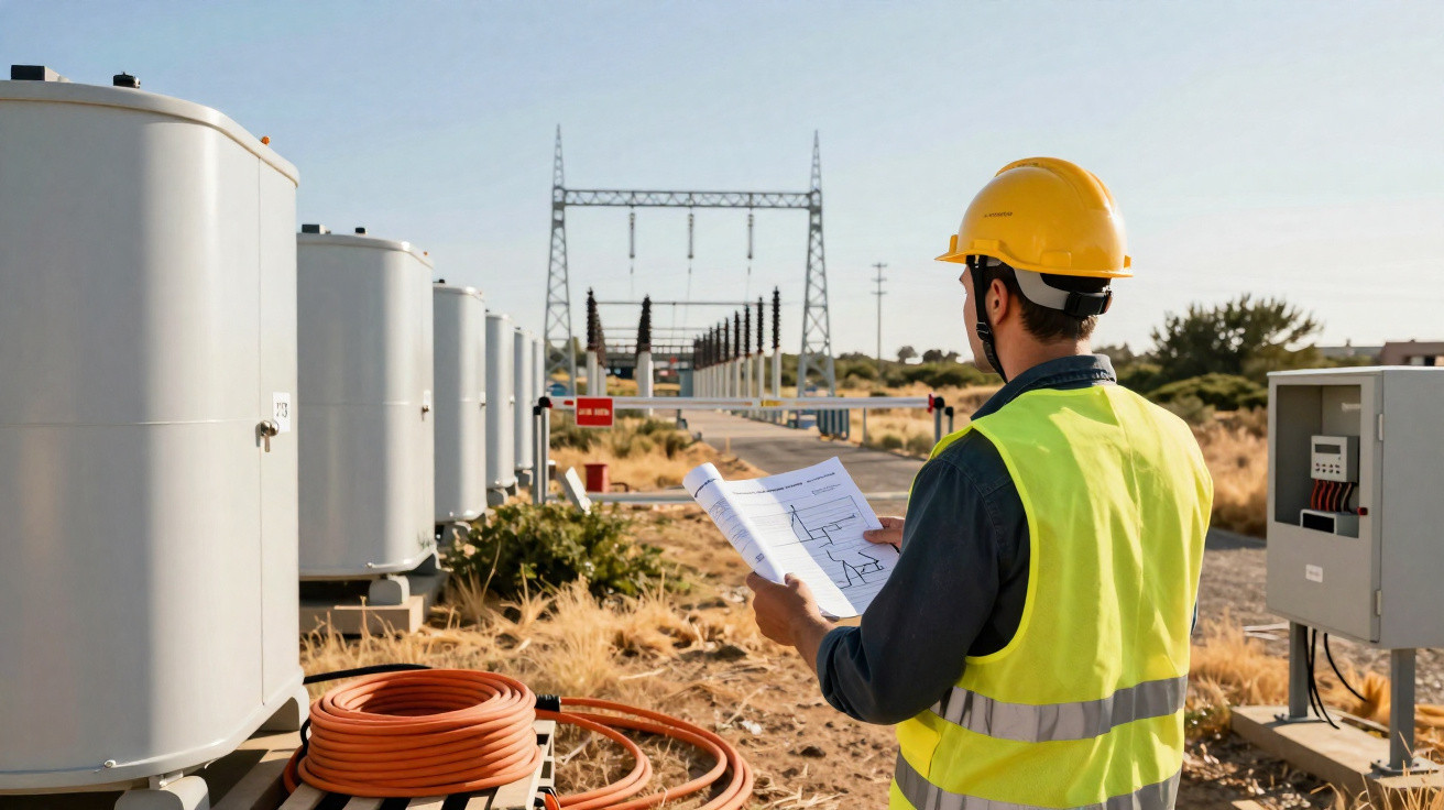 Ingenieur mit Helm und Warnweste überprüft Schaltpläne in Umspannwerk unter freiem Himmel.