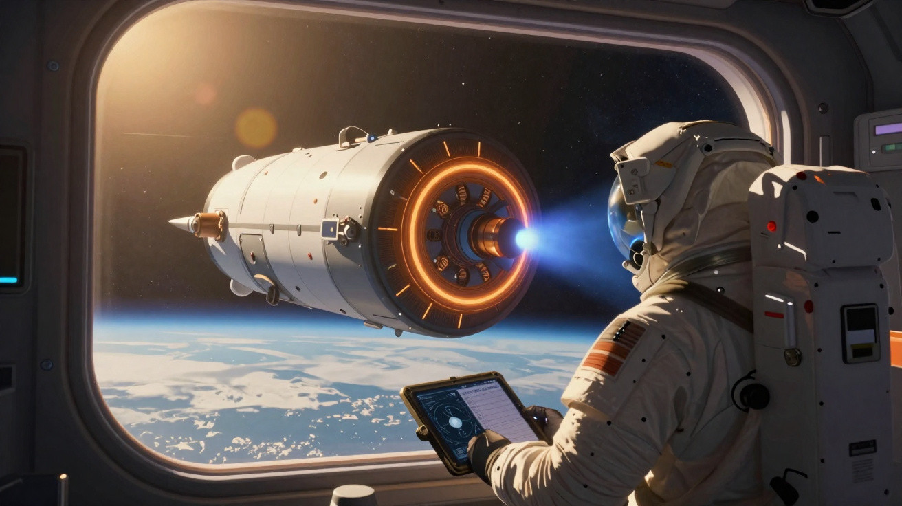 Astronaut mit Tablet beobachtet ein Raumschiff mit leuchtender Antriebseinheit im Orbit über der Erde.
