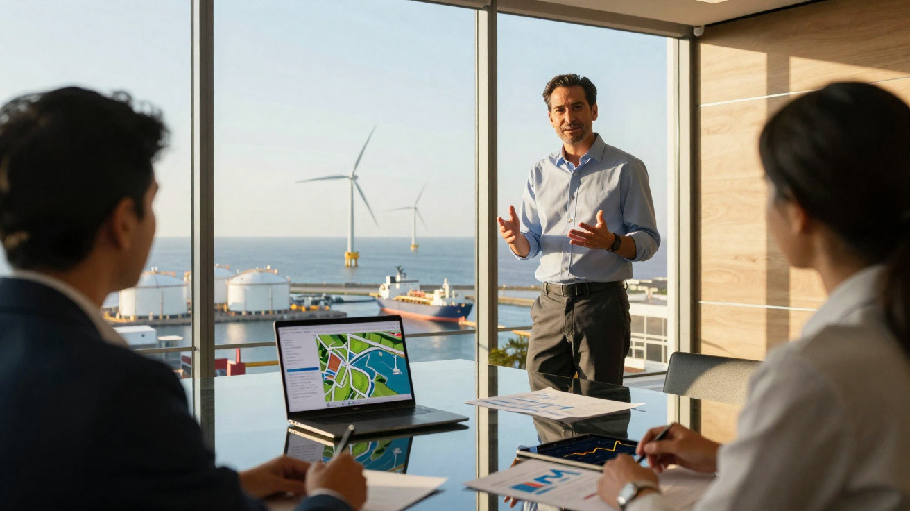 Geschäftsmann präsentiert in modernem Büro mit Blick auf Windkraftanlagen und Hafen zwei Kolleg:innen Daten und Karten.