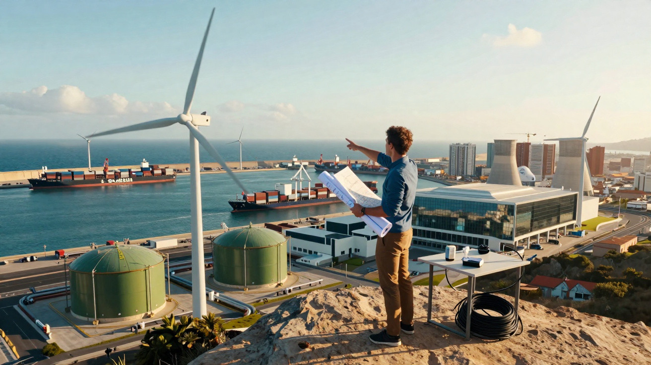 Ingenieur mit Bauplänen blickt auf Hafen mit Windrädern, Lagerbehältern und Containerschiffen bei klarem Himmel.