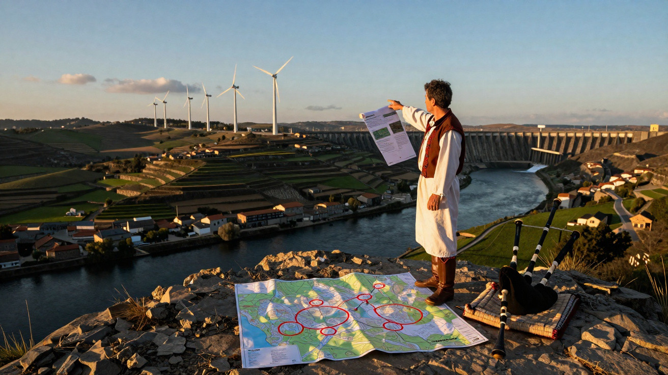 Person in traditioneller Kleidung zeigt auf Karte mit Windrädern, Fluss und Staudamm im Hintergrund.