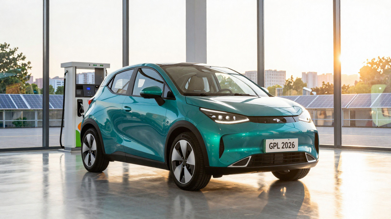 Grünes Elektroauto an Ladestation in modernem hellen Raum mit großen Fenstern und Sonnenlicht.