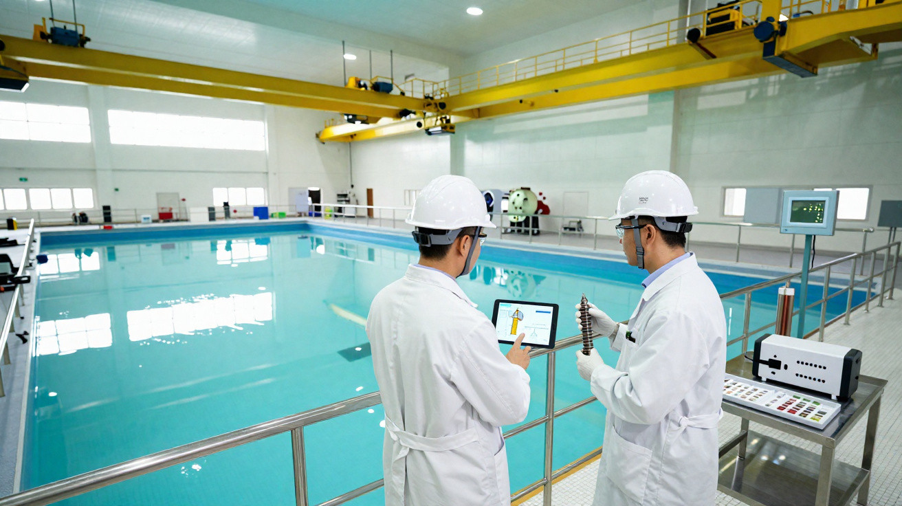 Zwei Ingenieure in Schutzhelmen untersuchen Sicherungselemente neben einem großen Wassertestbecken.