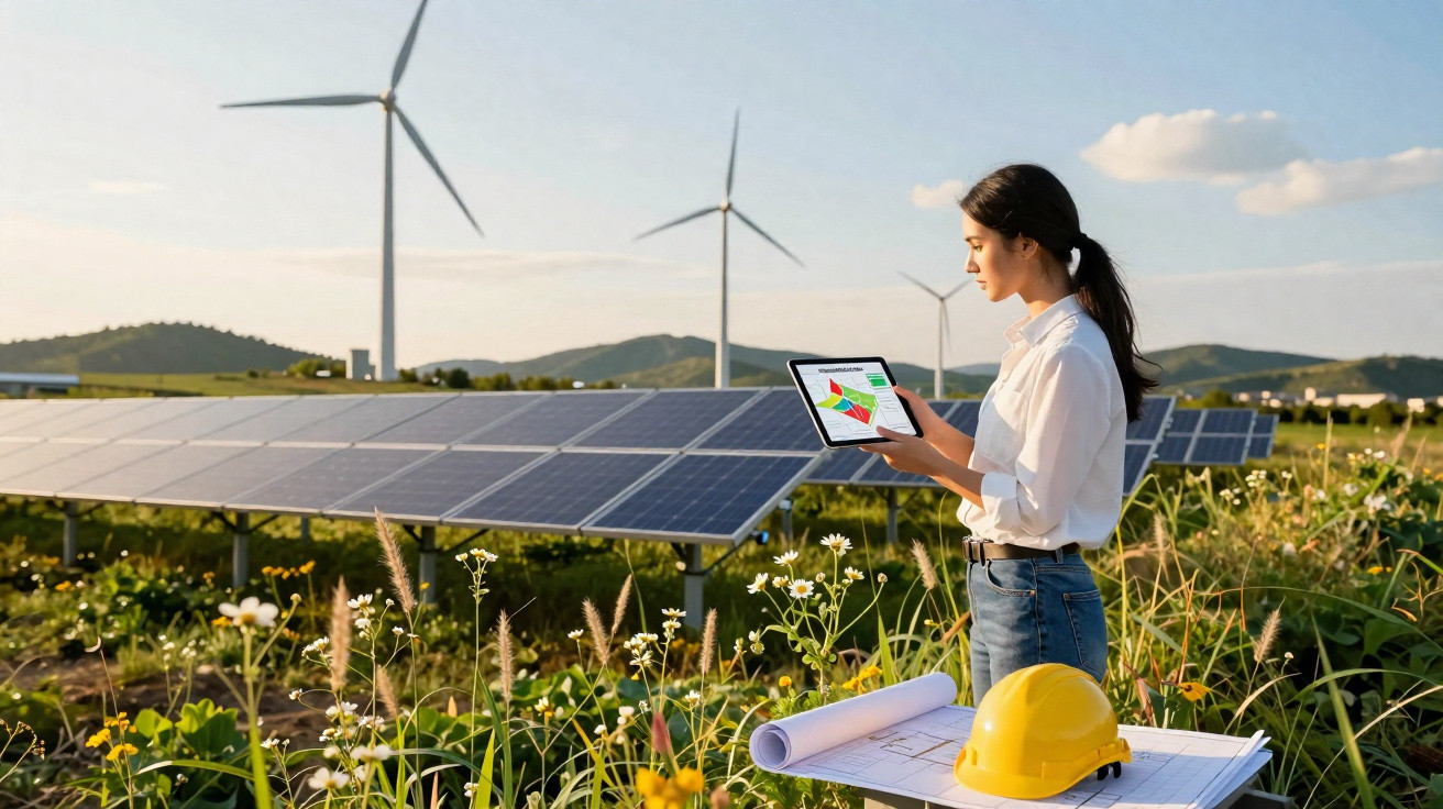 Frau mit Tablet vor Solarpanels und Windrädern in einer grünen Landschaft bei Sonnenlicht.