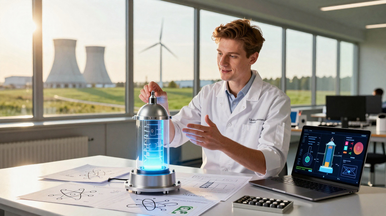 Wissenschaftler im Labor untersucht leuchtendes blaues Energiegerät mit Windrädern und Kühltürmen im Hintergrund.