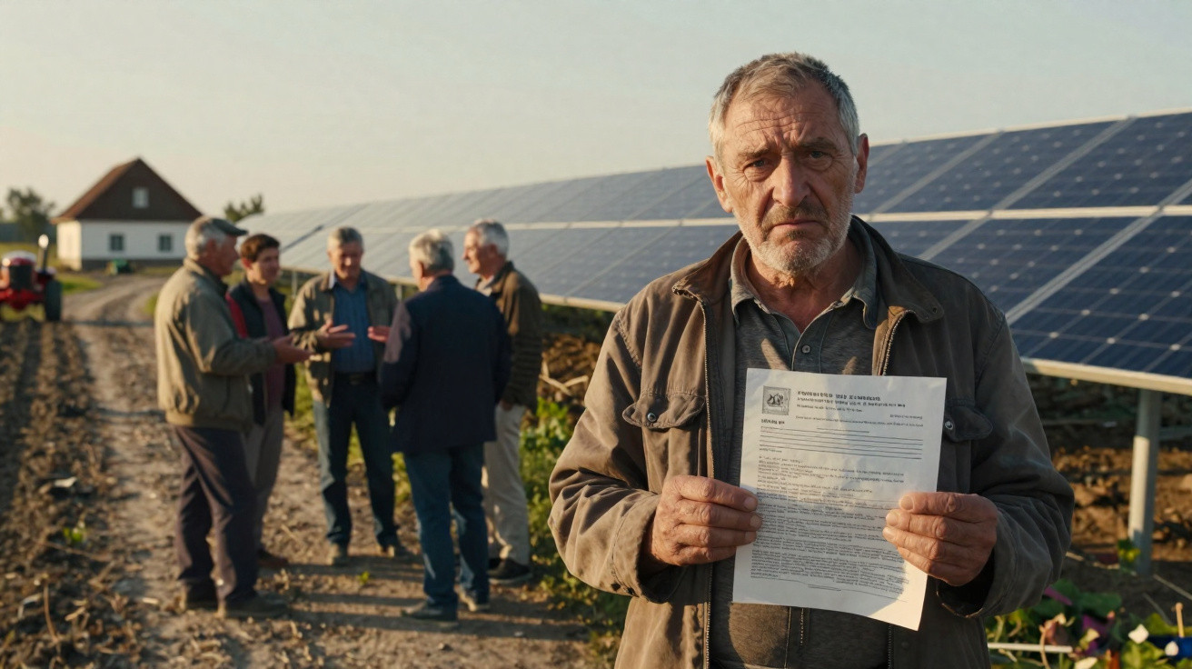 Älterer Mann hält behördliches Schreiben vor Solarpanelen, im Hintergrund diskutieren weitere Personen auf Feldweg.
