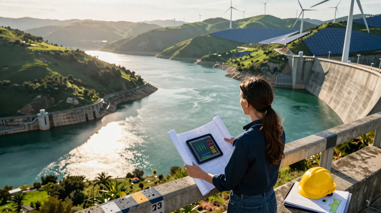 Ingenieurin mit Helm und Plänen blickt auf Staudamm, Solarpanels und Windräder in hügeliger Landschaft.