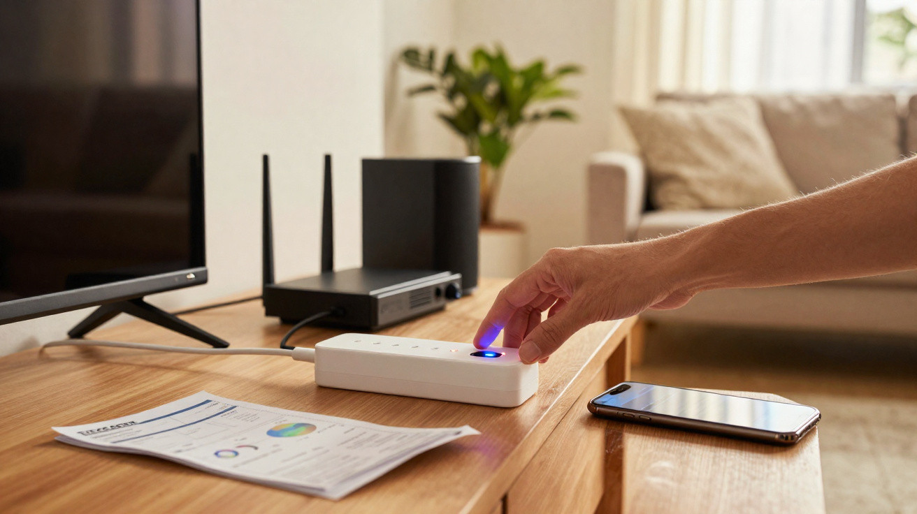Hand drückt auf weißen WLAN-Stecker auf Holzkommode neben Smartphone, Router und Fernsehgerät.