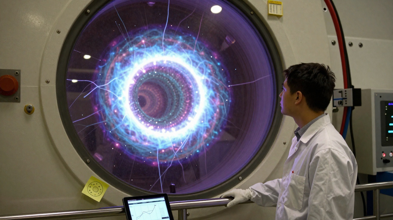 Mann in Laborjacke untersucht leuchtendes Energiefeld in rundem, technischem Gerät mit Touchscreen.