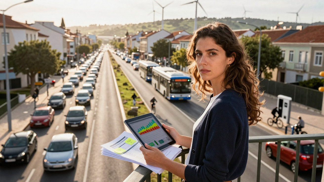 Frau mit Tablet und Dokumenten auf Brücke über verkehrsreiche Straße mit Windrädern im Hintergrund.