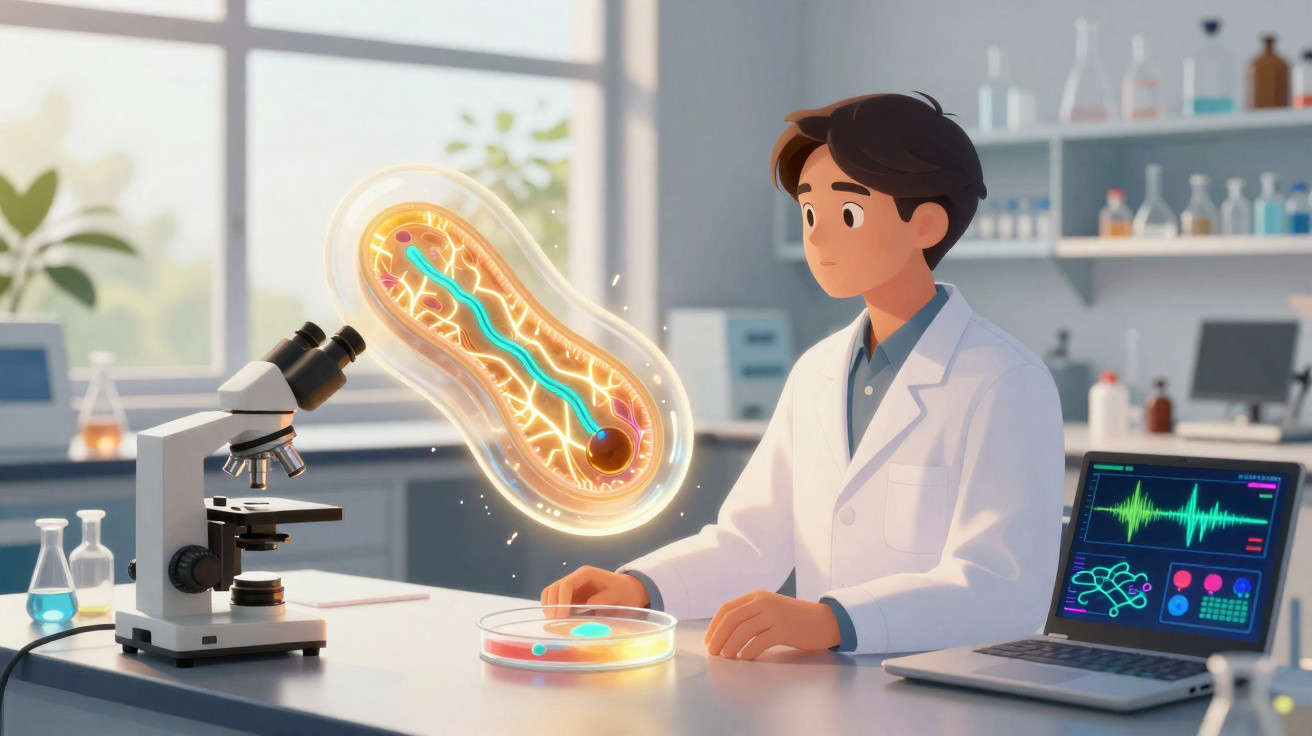 Wissenschaftler im Labor beobachtet animierte Bakterie über Petrischale und Computer mit Mikroskop.