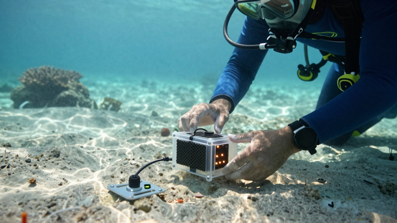Taucher installiert ein technisches Gerät auf dem Meeresboden in klarem Wasser mit Korallen im Hintergrund.