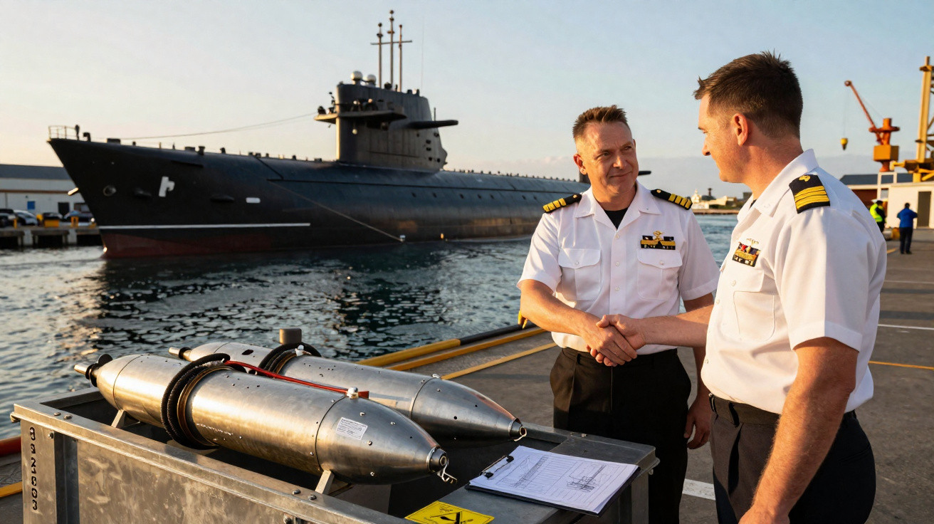 Zwei Marineoffiziere geben sich am Hafen vor einem U-Boot die Hand, Torpedos liegen auf einem Wagen.