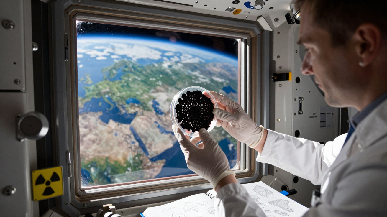 Astronaut betrachtet schwarze Probe in Petrischale vor der Erde durch das Fenster der Raumstation.