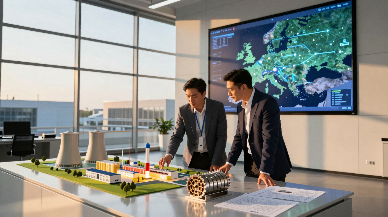 Zwei Männer prüfen ein Energiewerk-Modell mit großer digitaler Europakarte im modernen Büro.