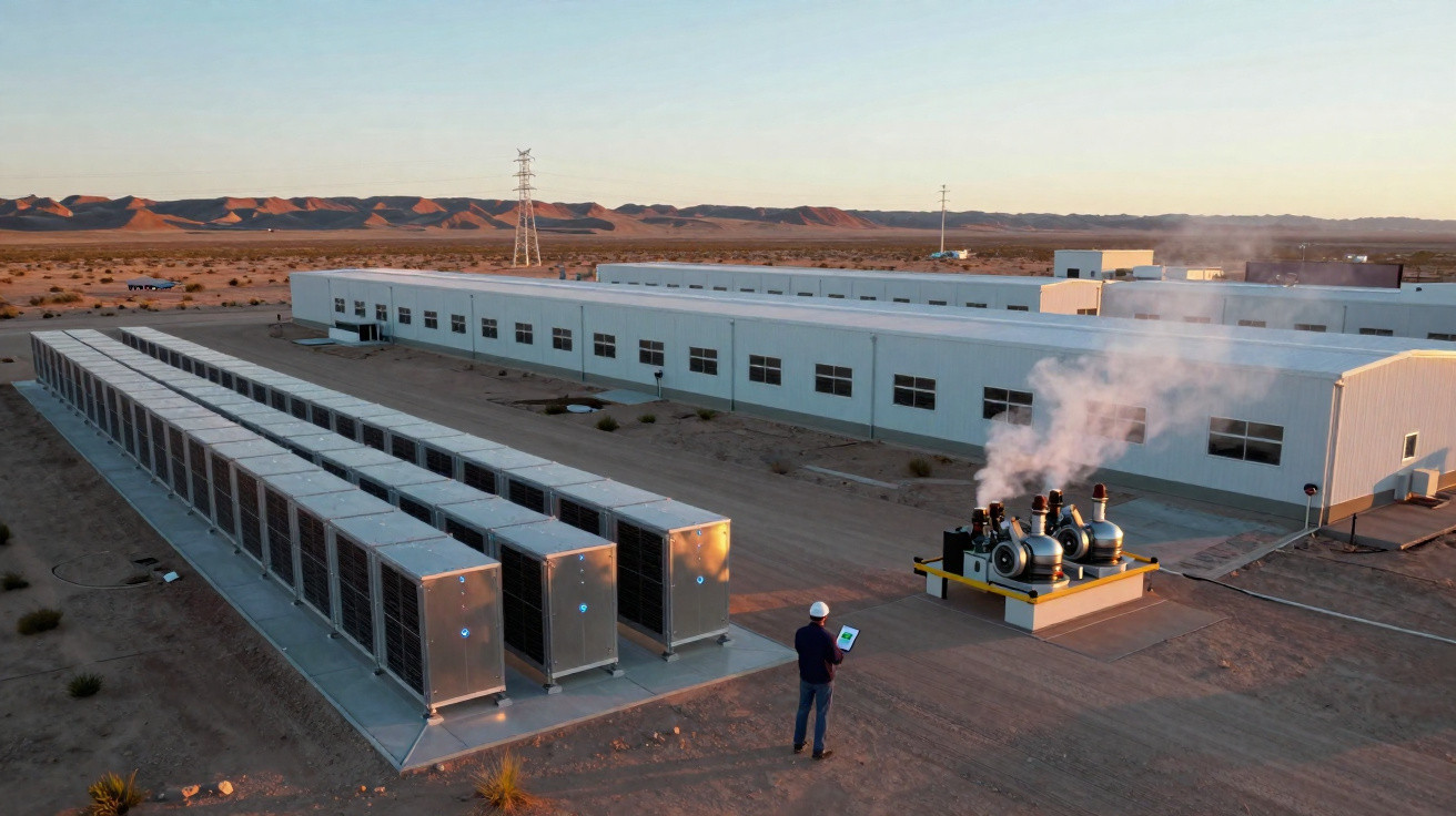 Solarkraftwerk mit Batterielagern und Anlagengebäude in Wüstenlandschaft bei Sonnenuntergang.