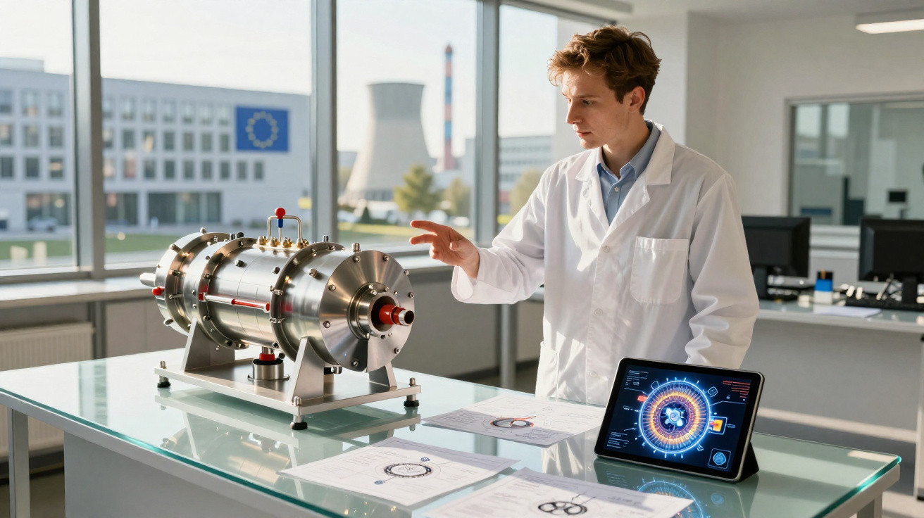 Wissenschaftler im Labor untersucht metallisches technisches Modell neben Tablet mit digitaler Grafik.