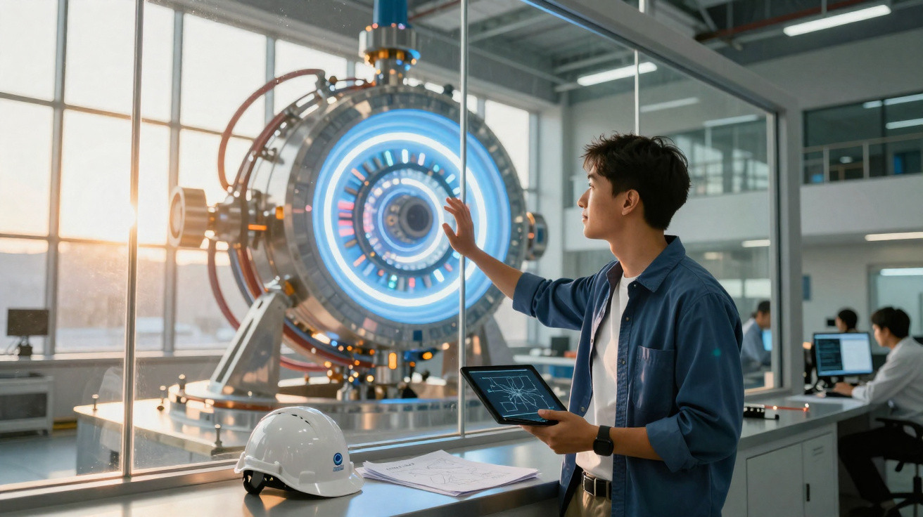 Mann mit Tablet untersucht futuristische Maschine mit leuchtendem blauen Kern in modernem Labor.