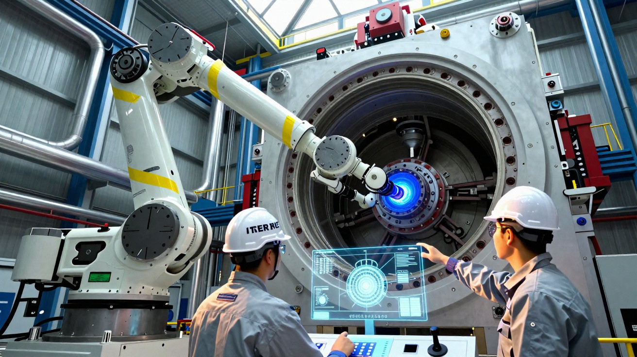 Zwei Ingenieure mit Helm bedienen einen Roboterarm vor einer großen, kreisförmigen Industriemaschine.