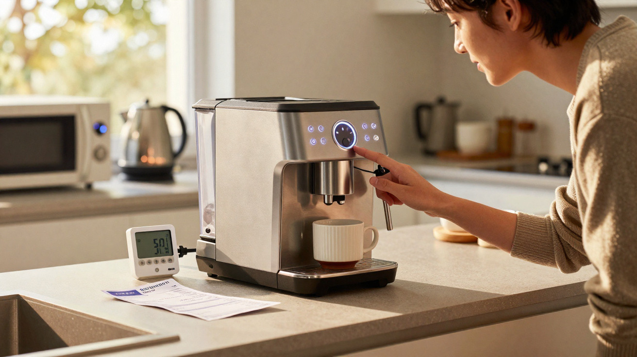 Frau bedient Kaffeevollautomaten in moderner Küche mit beleuchtetem Bedienfeld und Tasse unter der Auslaufdüse.