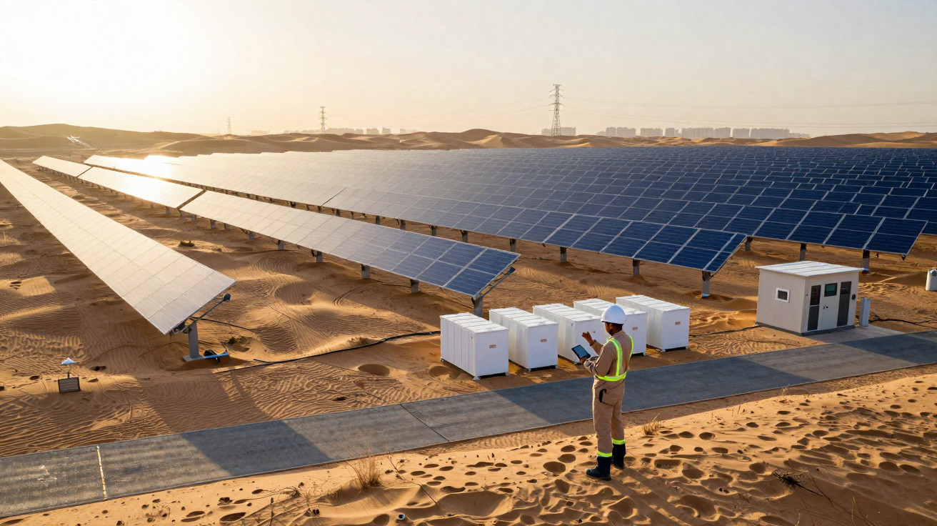 Solaranlage in Wüstenlandschaft mit Arbeiter in Schutzkleidung und Kontrollboxen bei Sonnenuntergang.