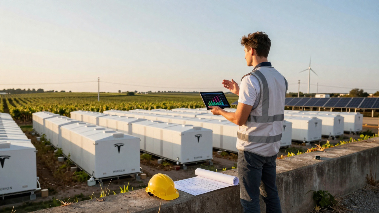 Techniker mit Tablet vor Tesla Powerpack-Batteriespeichern in Solar- und Windenergieanlage auf Feld.