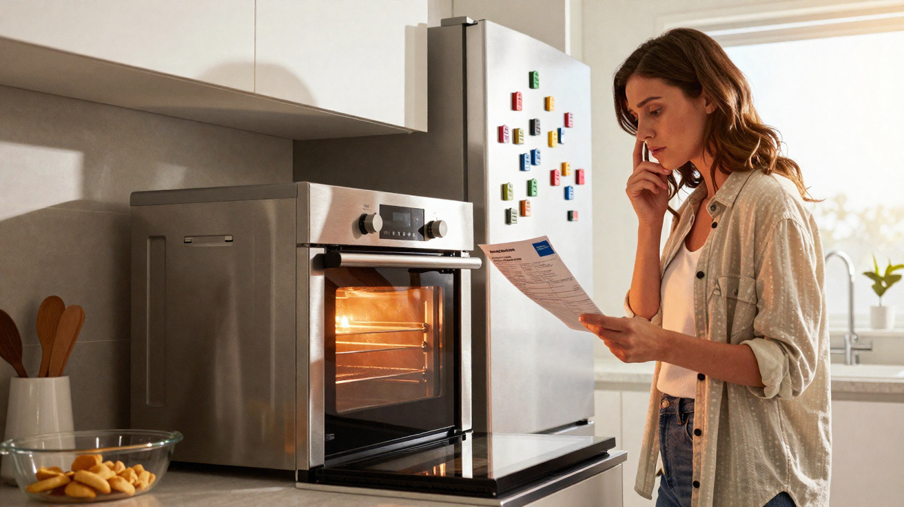 Frau liest Backanleitung in moderner Küche, neben kleinem Backofen mit eingeschaltetem Licht.