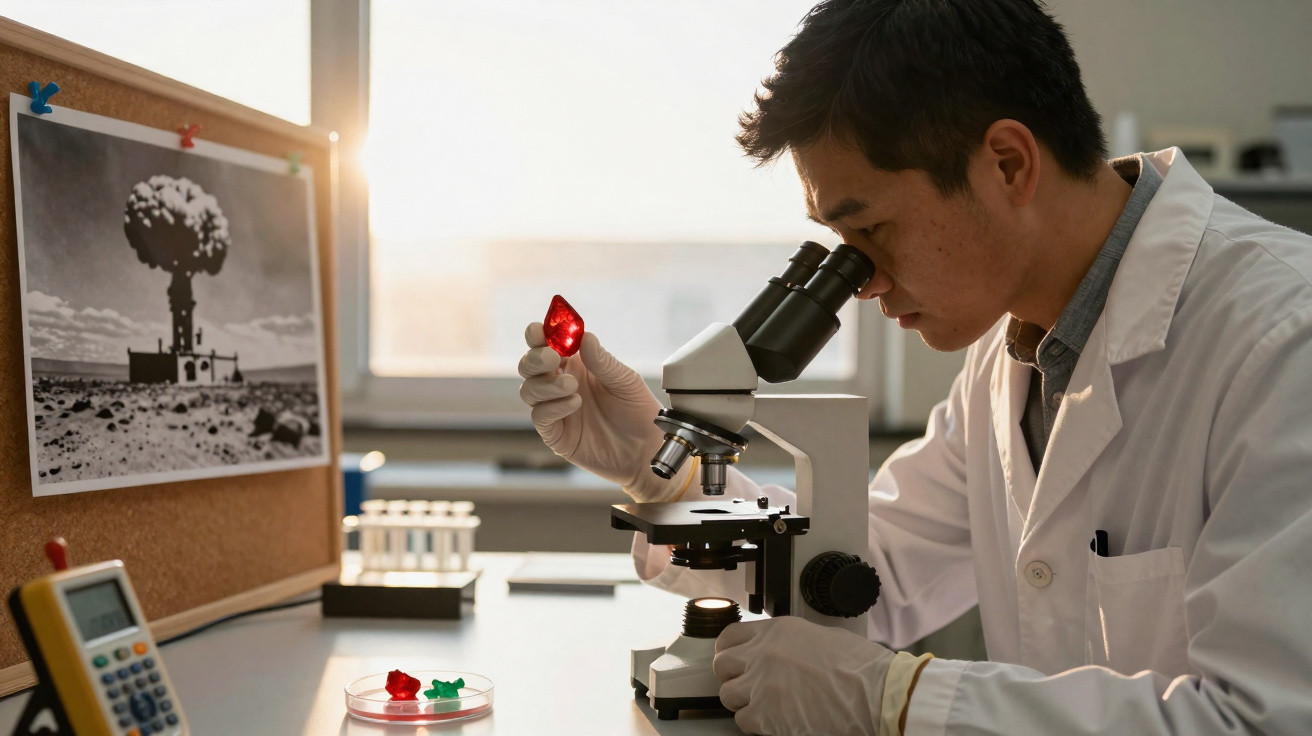 Wissenschaftler untersucht rotes Objekt unter Mikroskop im Labor mit Foto einer Atombombenexplosion im Hintergrund.