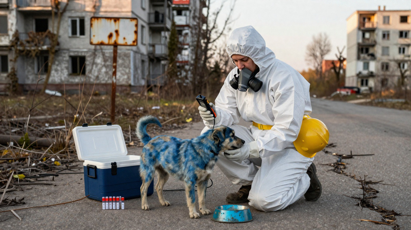 Person in Schutzanzug und Gasmaske untersucht Hund mit blauer Fellfarbe in verlassener Stadt.