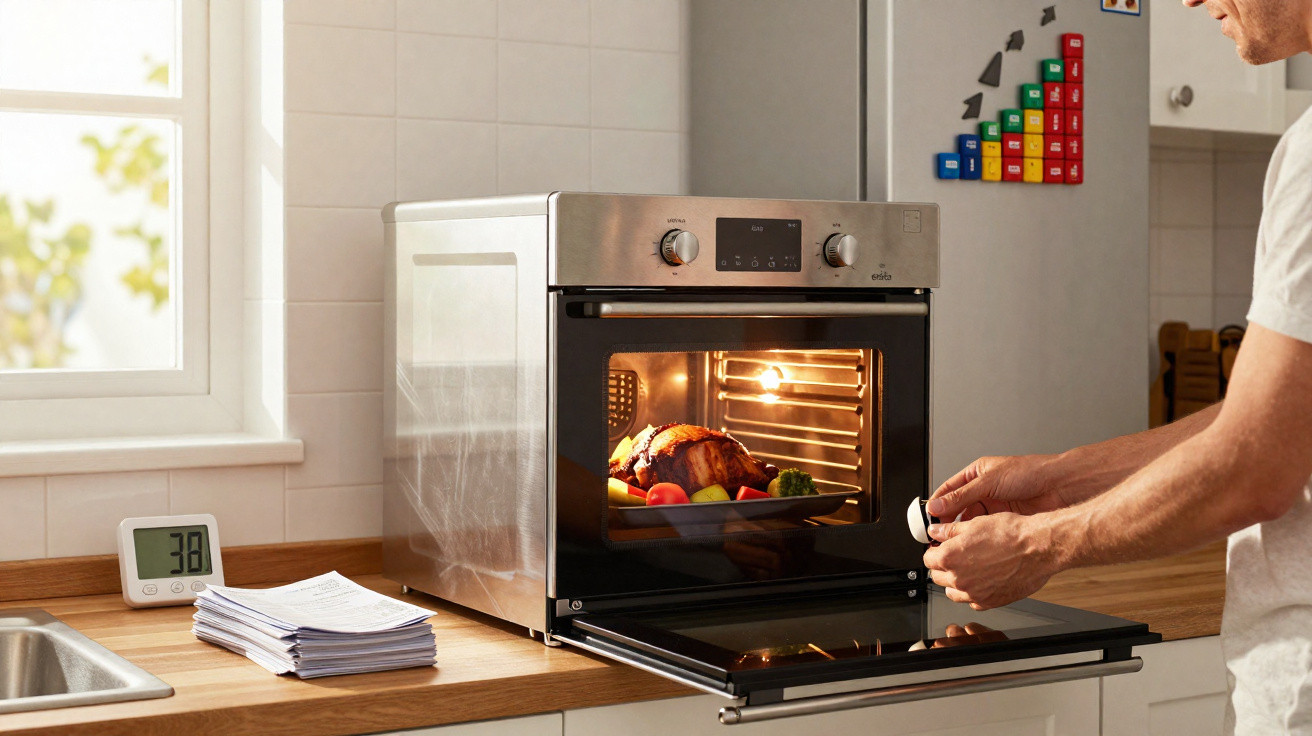 Person stellt ein modernes Edelstahl-Backofengerät ein, mit einem Braten und Gemüse im Inneren.