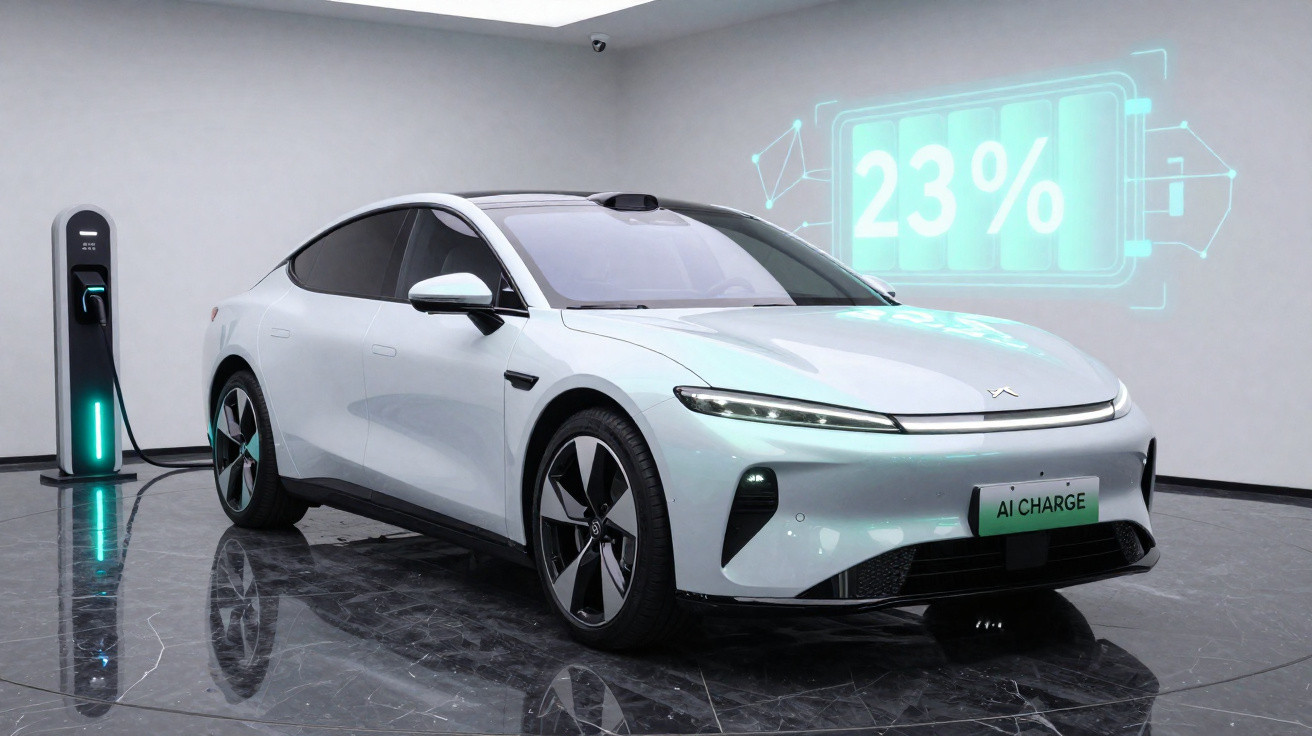 Weißes Elektroauto an Ladestation mit digitaler Batterieanzeige 23 Prozent in modernem Raum
