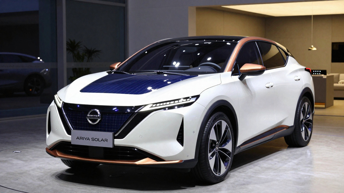 Weißer Nissan Ariya Solar Elektro-SUV mit Solarpanelen auf der Motorhaube in moderner Ausstellungshalle.