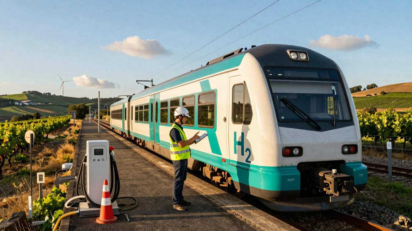 Wasserstoffzug an ländlicher Station, Techniker mit Helm und Warnweste überprüft Tablet, umgeben von Weinbergen.