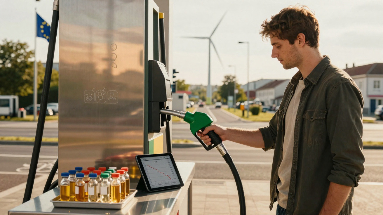 Mann zieht Zapfpistole an Tankstelle mit Windrad und Bildschirm im Hintergrund, kleine Fläschchen daneben.