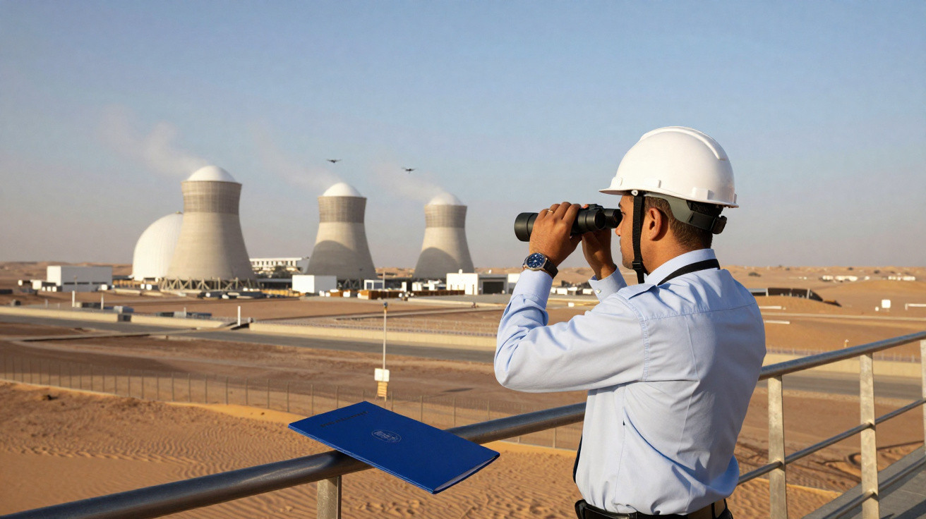 Techniker mit Helm beobachtet ein Kernkraftwerk in der Wüste durch ein Fernglas.